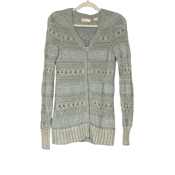 Anthropologie Sleeping On Snow light blue, gold & white zip up cardigan. Size‎ M - Picture 1 of 8